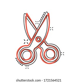 Scissor icon in comic style. Cut equipment cartoon vector illustration on white isolated background. Cutter splash effect business concept.