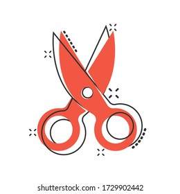 Scissor icon in comic style. Cut equipment cartoon vector illustration on white isolated background. Cutter splash effect business concept.