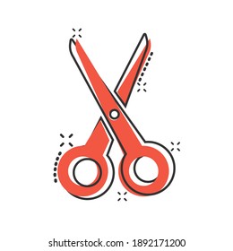 Scissor icon in comic style. Cut equipment cartoon vector illustration on white isolated background. Cutter splash effect business concept.
