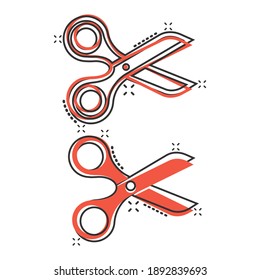 Scissor icon in comic style. Cut equipment cartoon vector illustration on white isolated background. Cutter splash effect business concept.