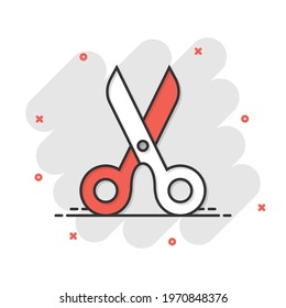 Scissor icon in comic style. Cut equipment cartoon vector illustration on white isolated background. Cutter splash effect business concept.