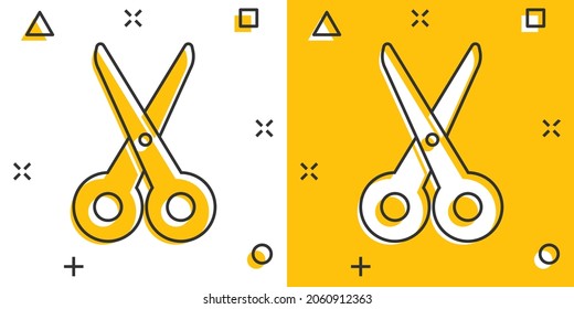 Scissor icon in comic style. Cut equipment cartoon vector illustration on white isolated background. Cutter splash effect business concept.