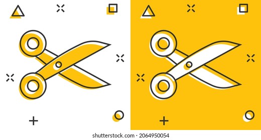 Scissor icon in comic style. Cut equipment cartoon vector illustration on white isolated background. Cutter splash effect business concept.