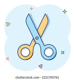 Scissor icon in comic style. Cut equipment cartoon vector illustration on white isolated background. Cutter splash effect business concept.