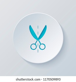 Scissor icon. Cut circle with gray and blue layers. Paper style