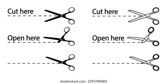 Scissor icon with cut here. Dotted line to cut the coupon, paper. Scissors cutting out on the stir. Vector