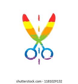 Scissor icon. Drawing sign with LGBT style, seven colors of rainbow (red, orange, yellow, green, blue, indigo, violet