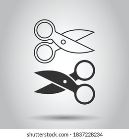 Scissor icon in flat style. Cut equipment vector illustration on white isolated background. Cutter business concept.