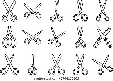 Scissor Icon Set, Collection and Group Black Cutting Tool, Barber Shears, Tailor Scissors, Craft Knife Symbol Vector in Line Style for Fashion, Sewing, Hairdressing and Creative Design