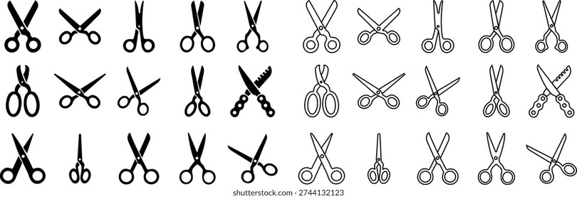 Scissor Icon Set, Collection and Group Black Cutting Tool, Barber Shears, Tailor Scissors, Craft Knife Symbol Vector in Flat and Line Style for Fashion, Sewing, Hairdressing and Creative Design