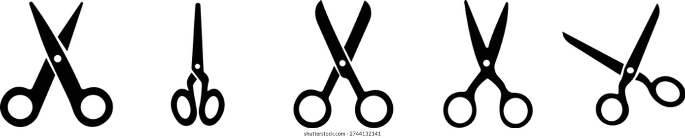 Scissor Icon Set, Collection and Group Black Cutting Tool, Barber Shears, Tailor Scissors, Craft Knife Symbol Vector in Flat Style for Fashion, Sewing, Hairdressing and Creative Design