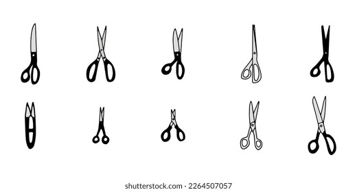 Scissor icon set. Hand drawn professional pair of scissors cutting hair. Craft and scissoring. Vector illustration on white background
