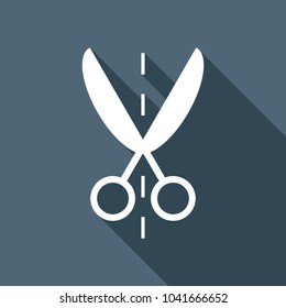 Scissor icon. White flat icon with long shadow on background