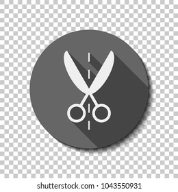 Scissor icon. White flat icon with long shadow in circle on transparent background