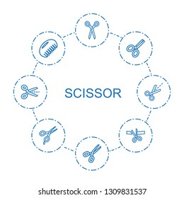 scissor icons. Trendy 8 scissor icons. Contain icons such as barber scissors, scissors, comb, scissors and ribbon. scissor icon for web and mobile.