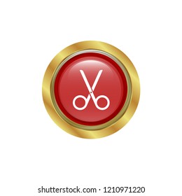scissor illustration, hair cut sign, barber salon. red gold button