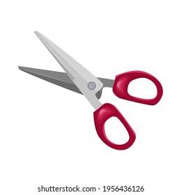 Scissor isolated on white background.Metal opened stationery scissor.Shears with red plastic handles. Office, tailor, needlework or school supplies.Hand operated cutting instrument.Vector illustration