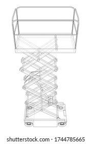 Scissor lift concept outline. Vector rendering of 3d. Wire-frame style. The layers of visible and invisible lines are separated