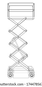 Scissor lift concept outline. Vector rendering of 3d. Wire-frame style. The layers of visible and invisible lines are separated