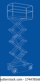 Scissor lift concept outline. Vector rendering of 3d. Wire-frame style. The layers of visible and invisible lines are separated