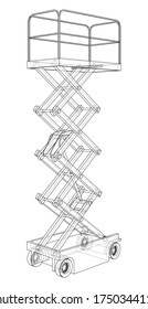 Scissor lift concept outline. Vector rendering of 3d. Wire-frame style. The layers of visible and invisible lines are separated