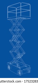 Scissor lift concept outline. Vector rendering of 3d. Wire-frame style. The layers of visible and invisible lines are separated