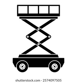 Scissor lift vector icon. Ideal for construction, industrial maintenance, and warehouse equipment designs. Black silhouette isolated on white background.