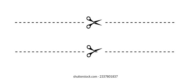 Scissor line icon set, Black scissors cut lines on