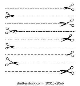 Scissor Line Vector. Set Dotted Cutting Lines. Black Scissor Silhouettes. Cut Crop Border. Cutout Template. Craft Blade. Isolated Illustration