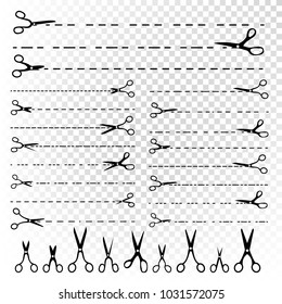 Scissor Line Vector. Set Dotted Cutting Lines. Black Scissor Silhouettes. Cut Crop Border. Cutout Template. Craft Blade. Isolated On Transparent Background Illustration
