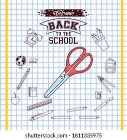 scissor on checkered paper background design, Back to school eduacation class and lesson theme Vector illustration