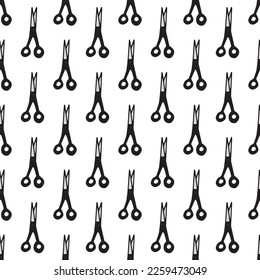 Scissor seamless pattern. Hand drawn professional pair of scissors cutting hair. Craft and scissoring. Vector print on white background