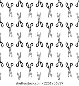 Scissor seamless pattern. Hand drawn professional pair of scissors cutting hair. Craft and scissoring. Vector print on white background