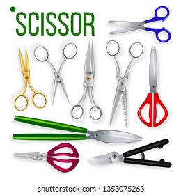 Scissor Set Vector. Metal Craft Object. Cut Tool. Paper, Garden, Hairdresser Symbol. Steel Scissor Cutter Equipment. 3D Realistic illustration
