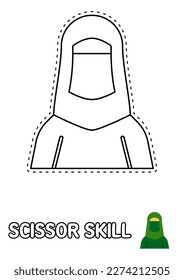 Scissor skill page with Muslim Woman for kids