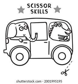 Scissor Skills and coloring. Cut and play, Cutting practice for preschool. Animals on the buss, Alligator, Elephant .Color game for children.