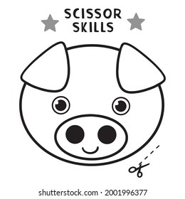 Scissor Skills and coloring. Cut and play, Cutting practice for preschool. Shape pig, Color game for children, easy cut out 