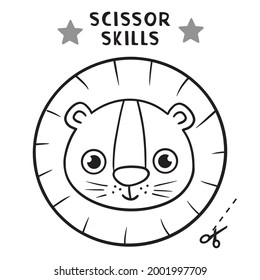 Scissor Skills and coloring. Cut and play, Cutting practice for preschool. Shape Lion cute, Color game for children, easy cut out 