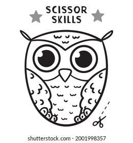 Scissor Skills and coloring. Cut and play, Cutting practice for preschool. Shape owl, Color game for children, easy cut out 