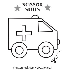 Scissor Skills and coloring. Cut and play, Cutting practice for preschool. Shape emergency car, Color game for children, easy cut out