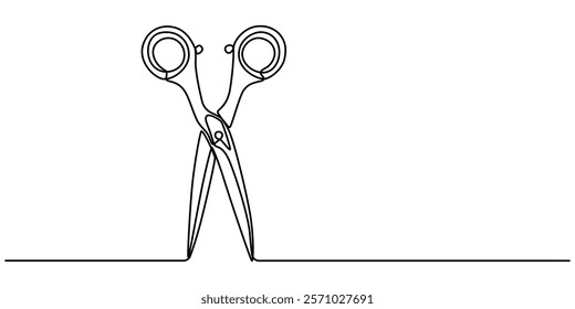 Scissor tool one line continuous single line art drawing outline design vector illustration, continuous single drawn one line scissors for a hairstyle hand-drawn picture silhouette. Line art. Doodle. 