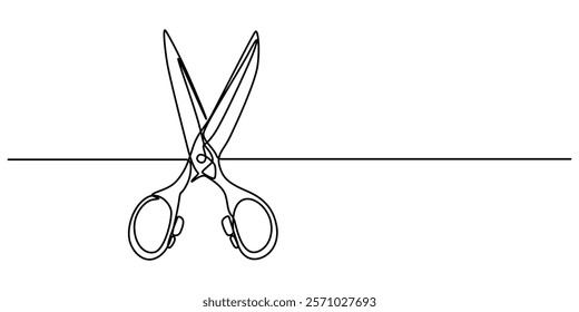 Scissor tool one line continuous single line art drawing outline design vector illustration, continuous single drawn one line scissors for a hairstyle hand-drawn picture silhouette. Line art. Doodle. 