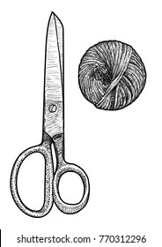 Scissor and twine illustration, drawing, engraving, ink, line art, vector