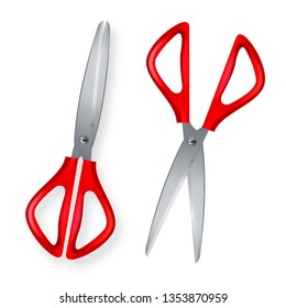 Scissor Vector. 3D Realistic Scissor Icon. Plastic Handles. Opened And Closed. Paper Cut. School, Office Object. Illustration