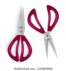 Scissor Vector. 3D Realistic Scissor Icon. Plastic Handles. Opened And Closed. School, Office Equipment. Illustration