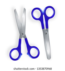 Scissor Vector. 3D Realistic Scissor Icon. Plastic Handles. Opened And Closed. Cut Tool. School, Office Stationery. Illustration