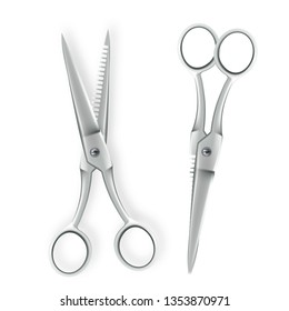 Scissor Vector. 3D Realistic Scissor Icon. Hairdresser Symbol. Opened And Closed. Metal Handles. Illustration