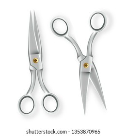Scissor Vector. Opened And Closed. 3D Realistic Metal Classic Scissor Icon. Tailor Symbol. Illustration
