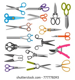 Scissor vector set professional pair of scissors cutting hair or scissoring with cutter and pruning shears prune or secateurs cut in garden illustration isolated on white background