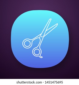 Scissors app icon. Haircutting shears. Cutting instrument with finger brace, tang. Hairdressing instrument. UI/UX user interface. Web or mobile application. Vector isolated illustration